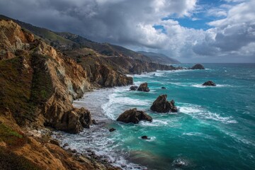 Dramatic Coastal Cliffs Meet Turquoise Ocean Under Moody, Cloud-Filled Sky.