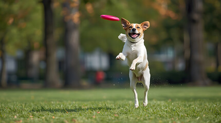 A happy Jack Russell Terrier dog leaps playfully to catch a pink frisbee in a sunny green park.