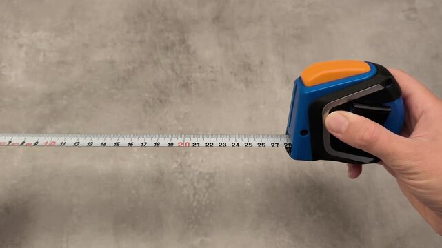 Hands demonstrate the use of a tape measure, showcasing the action of extending and measuring, highlighting precision and craftsmanship in a seamless motion sequence