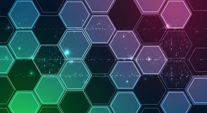 Abstract geometric pattern with hexagons and glowing particles - Powered by Adobe