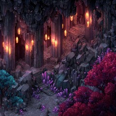 Obraz premium Mystical Cave Landscape with Glowing Crystals and Lush Foliage Illuminated by Warm Light
