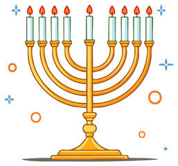Cartoon illustration of golden Hanukkah menorah with nine lit candles, holiday symbol