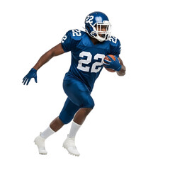 Fototapeta premium Football player in blue uniform running with the ball focused on the game.