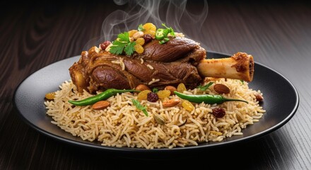 A succulent, slow-cooked lamb shank served atop a bed of fragrant rice, garnished with fresh herbs, dried fruits, nuts, and green chili peppers, with steam rising.