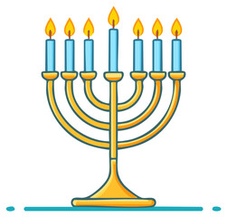 Stylized golden menorah with seven blue candles brightly burning, spiritual celebration icon.