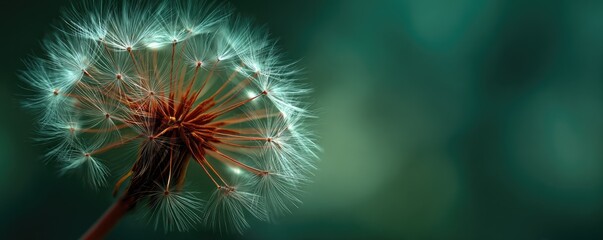 Close-up of a dandelion seed head against a blurred teal-green background