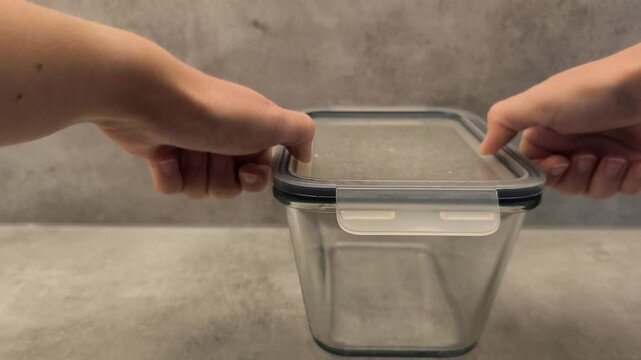 Glass food storage container is being sealed with a lid, showcasing the action of securing food items for freshness and organization in a kitchen setting