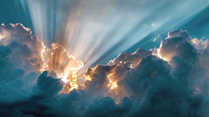 Dramatic God Rays Bursting Through Cumulus Clouds, Heavenly Light, Serene Sky.