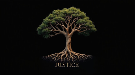A symbolic tree with vibrant foliage and deep roots against a black backdrop, representing the concept of justice, fairness, and the enduring quest for equality in society