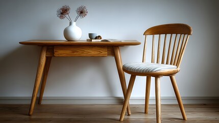 minimal modern office desk empty chair white background clean light wood furniture
