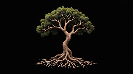 A flourishing tree with vibrant green leaves and a sturdy trunk, its roots firmly planted in the ground, symbolizing growth, resilience, and the interconnectedness of nature against black backdrop