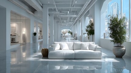empty office lounge modern sofa white walls spacious open plan interior