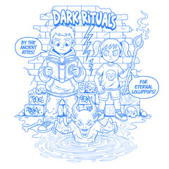 Kids Summoning a Demon Coloring Book Page. Spooky Halloween Magic Spell and Devil Line Art Illustration.