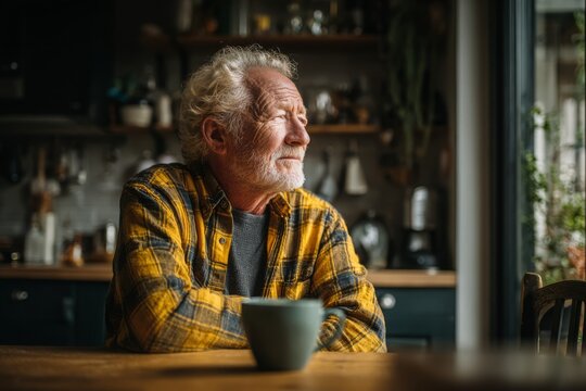 Elderly man with white beard gazing out window thoughtfully in his warm home.