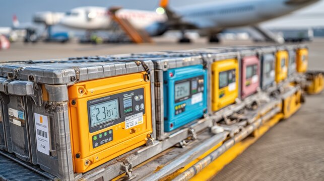 Pharmaceutical Cold Logistics: Temperature-controlled medical shipments in climate-monitored containers on airport tarmac  

