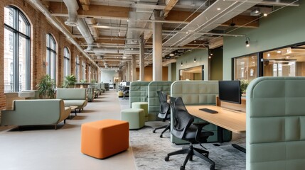 Adaptive workspace design: Employees of varying abilities working comfortably in ergonomic open-plan office  
