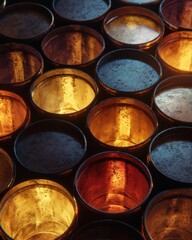 Vibrant Glass Containers Capturing Light and Color in a Stunning Arrangement of Reflections