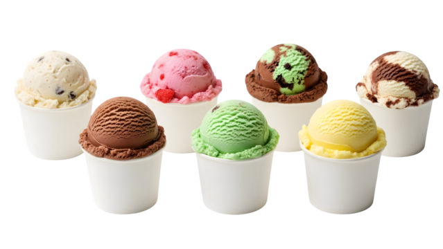 Ice cream scoop ball on transparent background cutout, colorful ice cream scoop in bow, top view. PNG file. Many assorted different flavour Mockup template for artwork design.	