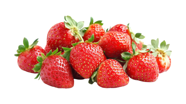 Fresh Ripe Strawberries with Green Leaves isolated on a transparent background