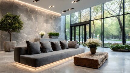 empty reception lobby with sofa modern decor bright natural light
