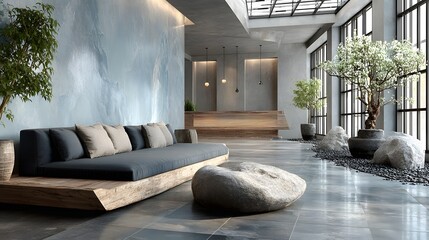 empty reception lobby with sofa modern decor bright natural light