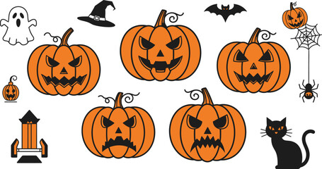 Halloween themed vector illustration with pumpkins and cat