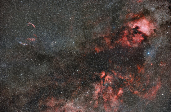 Deep space photography, southern hydrogen part of constellation Cygnus: Cygnus Loop, North America Nebula, Pelican Nebula, Crescent Nebula and many more.
