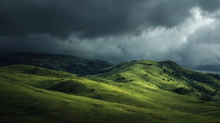 Dramatic Landscape - Sunlight Breaks Through Storm Clouds Over Lush Green Hills.