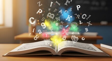 Open Textbook with Floating Letters, Numbers, and Chalk Dust – Imagination in Education Concept