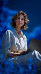 Woman Relaxing with Laptop in Vibrant Park Setting on a Sunny Day