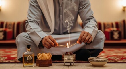A person in traditional attire ignites incense sticks, creating fragrant smoke, with perfume, dates, and a bowl of spices arranged nearby on a patterned rug.