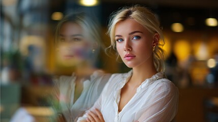 Elegant Woman Gazes Through Glass Reflection in Cozy Ambient Setting