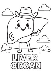 coloring book liver organ with cowboy hat in field, cute anatomy cartoon for kids