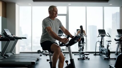 Man pedaling on stationary bike in spacious gym filled with exercise equipment. Bright environment with city views outside. Concept of fitness, health promotion, wellness center