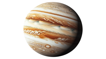 Jupiter planet with swirling clouds isolated on a transparent background