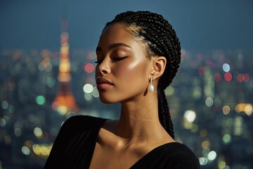 Elegant Evening Portrait of Woman Overlooking Cityscape with Soft Lighting