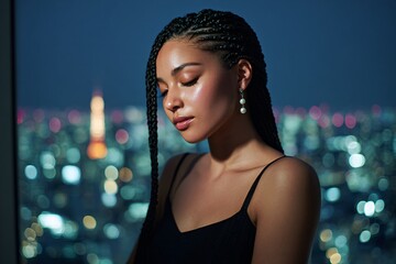 Stunning Portrait of Woman in Evening Cityscape Wearing Elegant Dress and Earrings