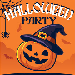 Halloween vector illustration of a jack o lantern pumpkin wearing a witch hat with spooky details. Perfect for party invitations, greeting cards, seasonal decorations, and holiday designs