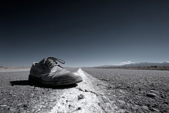 A lone, weathered shoe on a desolate road leading to a distant horizon. - Powered by Adobe