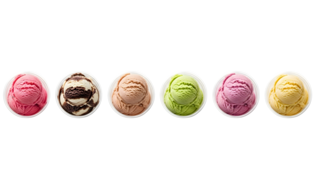 Ice cream scoop ball on transparent background cutout, top view. PNG file. Many assorted different flavour Mockup template for artwork design.	
