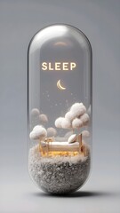  transparent capsule containing miniature bedroom scene with sleep text and crescent moon decoration
