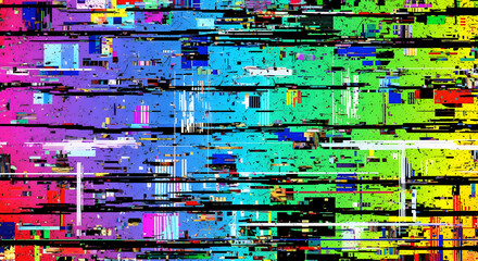 Vibrant abstract glitch art background with dynamic colors, perfect for modern designs and creative projects needing a bold, futuristic look and visual impact