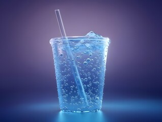 crystal clear plastic cup filled with sparkling water ice cubes and straw on blue background