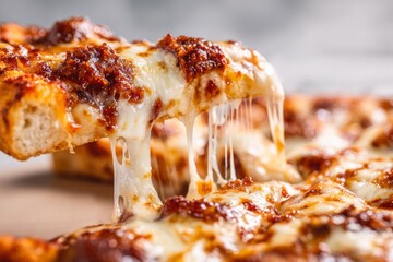 shot features a slice of delicious, freshly baked pizza being lifted, showcasing the melted, stringy cheese and rich toppings with the other pieces in the background; warm tones and appetizing...