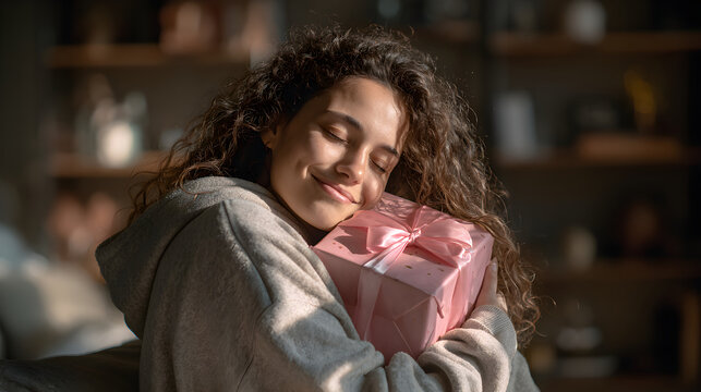 Young woman with curly hair joyfully embracing a pink gift box in a cozy indoor setting