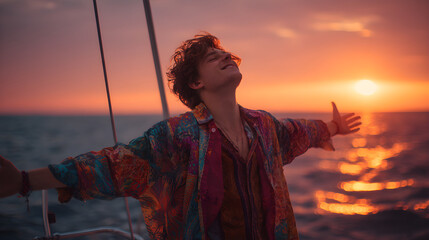 Fototapeta premium Young man enjoying sunset on a sailboat with arms outstretched in vibrant ocean colors