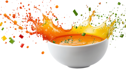 Orange soup splash in white bowl isolated on a transparent background