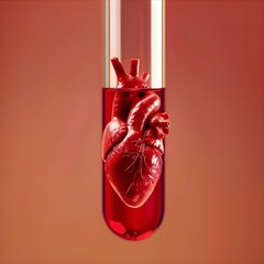  realistic anatomical heart inside red test tube symbolizing medical research and cardiology