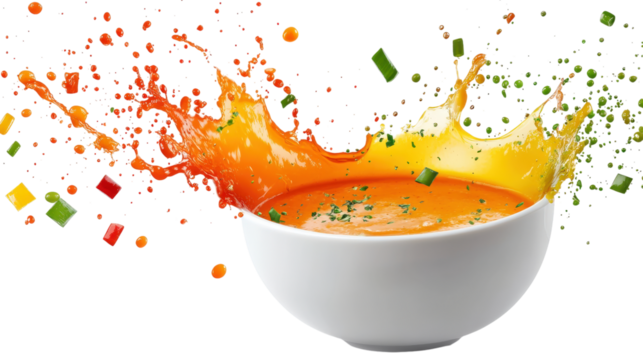 Orange soup splash in white bowl isolated on a transparent background