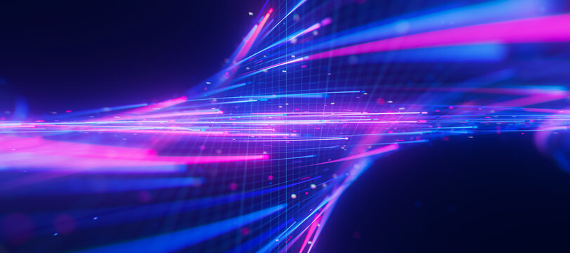 Closeup of bigdata light speed twisted flow with shallow DOF. Abstract digital data stream of quantum computing. Cyberspace of qubit trails. Modern tech information transmission.